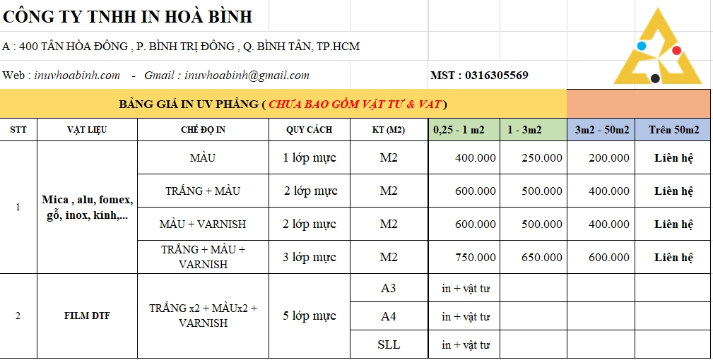 Báo giá in uv phẳng 2026
